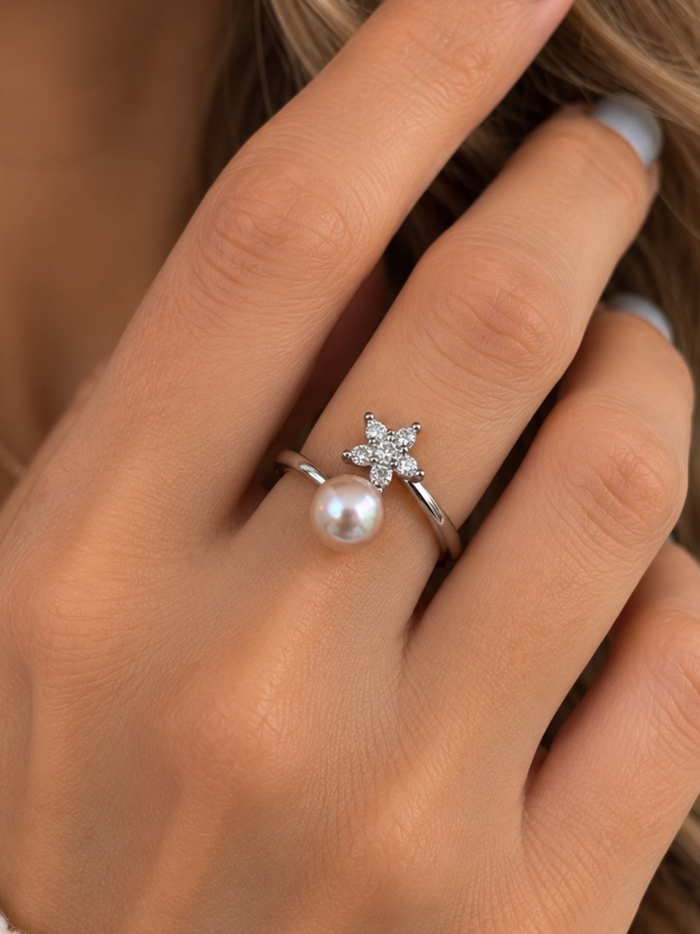 Freshwater Pearl 18k Plated Open Ring with Pink Pearl & CZ Flower Accent